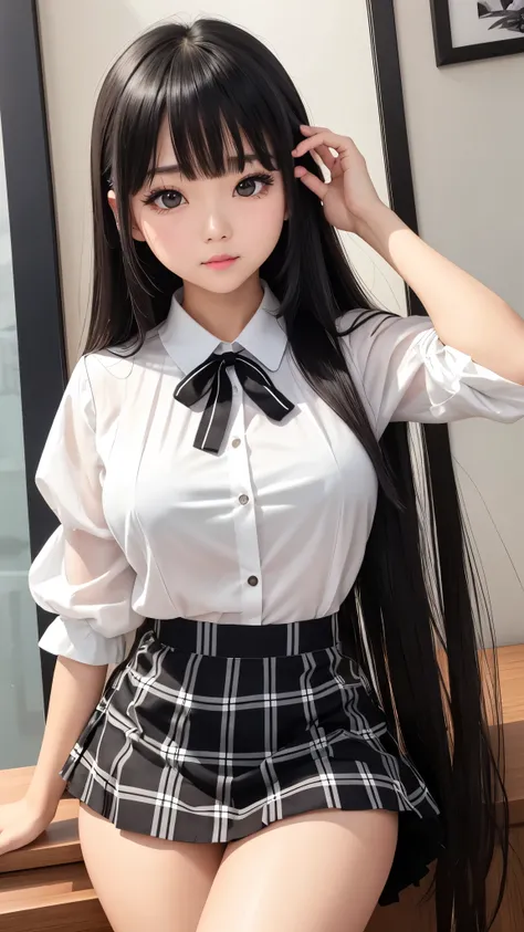 Detailed face、highlight、Asian Girl、thigh、Tabletop、breast enhancement、Bodyline、Black Hair、Heavy bangs、Checkered Skirt、White blouse、Support your chest with your hands、