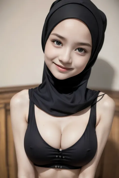 Skinny Very cute like a baby face, ((Stylish Hijab)), adorable, 1 girl, 10 years old, baby face, shy, half body portrait,smile,  (face details: 1), (eye details: 1), ((round large breasts, cleavage)). Cute posed. proportional body. Ultra High Res. realisti...