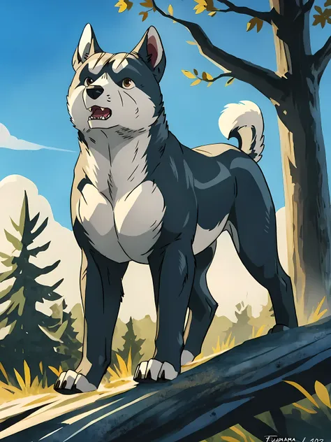 gin (ginga), dog, brown eyes, glinting eyes, detailed eyes, young, male, feral, quadruped, muscular, pectorals, paws, detailed, ...