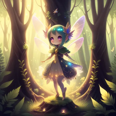 high quality,masterpieceCreate a magical scene in a lush forest at night where Lumina, the fairy leader, is dancing gracefully. Lumina should be depicted with long, flowing hair, delicate wings, and a radiant glow that shines brighter than the stars in the...