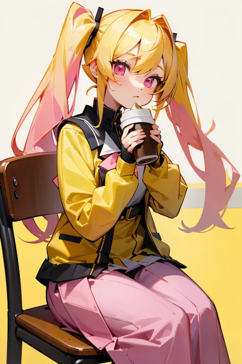 A girl, with gradien yellow and pink (almost yellow) long hair (twintail), pink eyes, expression is happy, wearing uniform school, wearing yellow jacket, with gray skirt, pose is holding coffee (sit on chair), with a cafe background. 