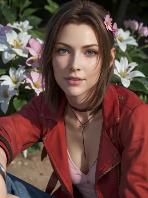 Aaerith gainsborough short hair, sensual face, (masterpiece, best quality:1.4), (future days), (full of white flowers), (1girl), ((18 years old)), solo, (european youth:1),  choker, cropped jacket, hair bow, bracelet, (((red jaket))), (((pink dress))), bro...