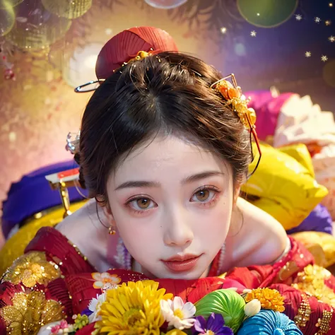 (PUNIPUNI clavicle KIMONO ((offshoulder)) KANZASHI FlowerHairpins Topknot TwinBun Oiran-Hair)High-level, 8K Masterpiece TopQuality, Ultra-detailed CG, Absurd detailed wallpaper, PerfectLighting, Extremely detailed (((Personifying " OIRAN " as a KAWAII Girl...