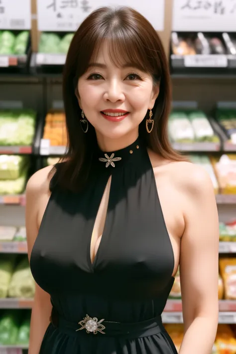  75 years old　mom　milf　Korean, Lady　large earring　Big choker　navel piercing decoration　A bracelet　Silver Hair　realisitic　Gorgeous Madame Beautiful Mature Woman　sexly　Smile　Gentle woman navel piercing　４K　High quality スーパーマーケット　groceries　dress　Gorgeous Madam...