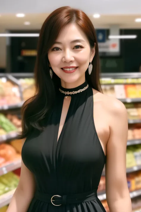  75 years old　mom　milf　Korean, Lady　large earring　Big choker　navel piercing decoration　A bracelet　Silver Hair　realisitic　Gorgeous Madame Beautiful Mature Woman　sexly　Smile　Gentle woman navel piercing　４K　High quality スーパーマーケット　groceries　dress　Gorgeous Madam...