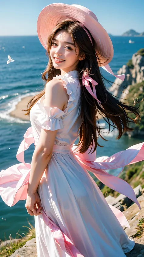 Highest quality, masterpiece, Ultra-high resolution,8K, (Realistic:1.6), (A portrait from a distance) RAW Photos, 1 Girl,(Full of smiles, Showing teeth)),((On a hill overlooking the sea)) ,22 years old,((Korean Idol Karina Fashion)),((White dress with a bi...