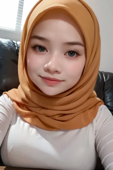 adorable, 1 girl, (face to face), 10 years old, baby face, happy, half body portrait, (face details: 1), (eye details: 1), ((big breasts)). wearing white long shirt, hijab, .. Cute posed. proportional body. Ultra High Res. realistic: 1.4, UHD