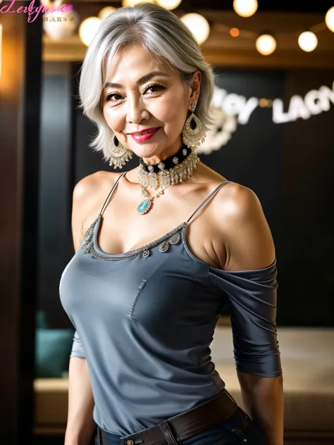 75 years old　Mom　MILF　Korean, Lady　large earring　Big choker　navel piercing decoration　A bracelet　Silver Hair　realisitic　Gorgeous Madame Beautiful Mature Woman　sexy　Smile　Gentle woman navel piercing　４K　High quality キッチン　フライパン　鍋