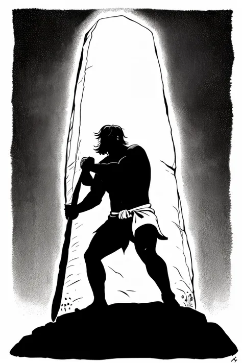 petit personnage (prehistoric man type) who fights against a menhir, lillustration est en noir et blanc, the style is rather humorous 
