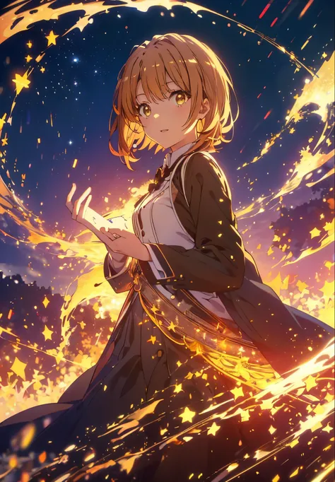 Irohaisshiki, isshiki iroha, short hair, Brown Hair, (Brown eyes:1.5), smile,Open your mouth,((Night Sky)),((Big full moon)),((Sparkling and colorful stars)),Fluffy hair,((Idol style costume with soft volume)),Long skirt,((witch)),Has a jeweled wand,
break...