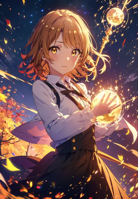 Irohaisshiki, isshiki iroha, short hair, Brown Hair, (Brown eyes:1.5), smile,Open your mouth,((Night Sky)),((Big full moon)),((Sparkling and colorful stars)),Fluffy hair,((Idol style costume with soft volume)),Long skirt,((witch)),In his right hand he poss...