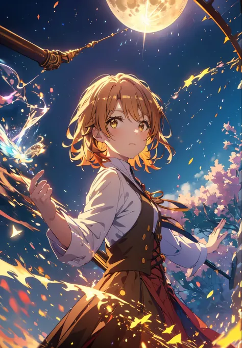 Irohaisshiki, isshiki iroha, short hair, Brown Hair, (Brown eyes:1.5), smile,Open your mouth,((Night Sky)),((Big full moon)),((Sparkling and colorful stars)),Fluffy hair,((Idol style costume with soft volume)),Long skirt,((witch)),In his right hand he poss...