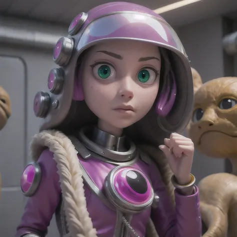 Photo of a college student, Purple Pink, Futuristic space suit, (freckle:0.8) Cute face, Science Fiction, Dystopia, Delicate eyes, Green pupils（（side view））