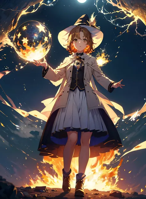 Irohaisshiki, isshiki iroha, short hair, Brown Hair, (Brown eyes:1.5), smile,((Night Sky)),((Big full moon)),((Sparkling and colorful stars)),Fluffy hair,((Idol style costume with soft volume)),Long skirt,Pointed shoes,((gorgeous wizard hat)),((witch)),(ma...
