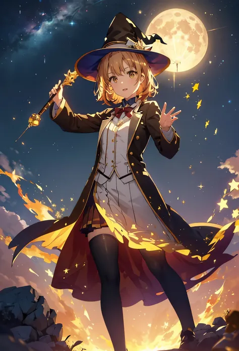 Irohaisshiki, isshiki iroha, short hair, Brown Hair, (Brown eyes:1.5), smile,((Night Sky)),((Big full moon)),((Sparkling and colorful stars)),Fluffy hair,((Idol style costume with soft volume)),Long skirt,Pointed shoes,((gorgeous wizard hat)),((witch)),(ma...