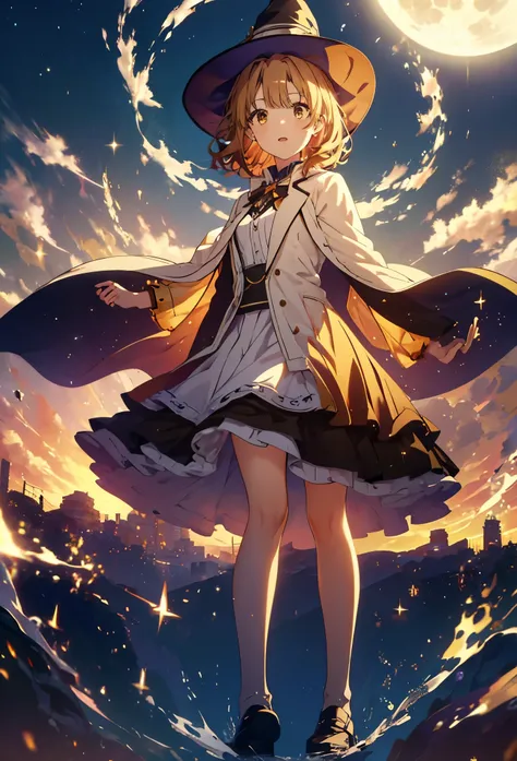 Irohaisshiki, isshiki iroha, short hair, Brown Hair, (Brown eyes:1.5), smile,((Night Sky)),((Big full moon)),((Sparkling and colorful stars)),Fluffy hair,((Idol style costume with soft volume)),Long skirt,Pointed shoes,((gorgeous wizard hat)),((witch)),(ma...