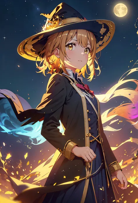 Irohaisshiki, isshiki iroha, short hair, Brown Hair, (Brown eyes:1.5), smile,((Night Sky)),((Big full moon)),((Sparkling and colorful stars)),Fluffy hair,((Idol style costume with soft volume)),Long skirt,((gorgeous wizard hat)),((witch)),(magic wand with ...