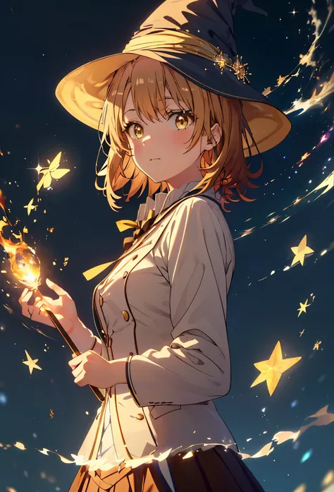 Irohaisshiki, isshiki iroha, short hair, Brown Hair, (Brown eyes:1.5), smile,((Night Sky)),((Big full moon)),((Sparkling and colorful stars)),Fluffy hair,((Idol style costume with soft volume)),Long skirt,((gorgeous wizard hat)),((witch)),(magic wand with ...