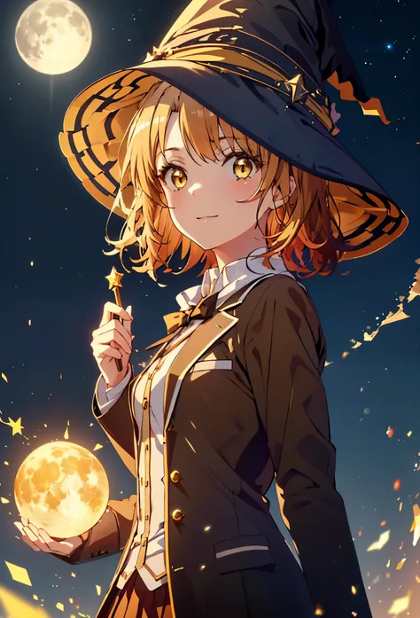 Irohaisshiki, isshiki iroha, short hair, Brown Hair, (Brown eyes:1.5), smile,((Night Sky)),((Big full moon)),((Sparkling and colorful stars)),Fluffy hair,((Idol style costume with soft volume)),Long skirt,((gorgeous wizard hat)),((witch)),(magic wand with ...