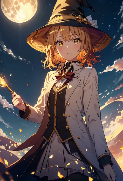 Irohaisshiki, isshiki iroha, short hair, Brown Hair, (Brown eyes:1.5), smile,((Night Sky)),((Big full moon)),((Sparkling and colorful stars)),Fluffy hair,((Idol style costume with soft volume)),Long skirt,((gorgeous wizard hat)),((witch)),(magic wand with ...