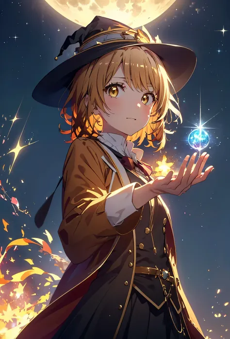Irohaisshiki, isshiki iroha, short hair, Brown Hair, (Brown eyes:1.5), smile,((Night Sky)),((Big full moon)),((Sparkling and colorful stars)),Fluffy hair,((Idol style costume with soft volume)),Long skirt,((gorgeous wizard hat)),((witch)),(magic wand with ...