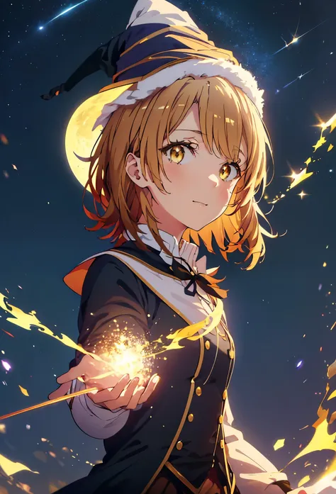 Irohaisshiki, isshiki iroha, short hair, Brown Hair, (Brown eyes:1.5), smile,((Night Sky)),((Big full moon)),((Sparkling and colorful stars)),Fluffy hair,((Idol style costume with soft volume)),Long skirt,((gorgeous wizard hat)),((witch)),(magic wand with ...