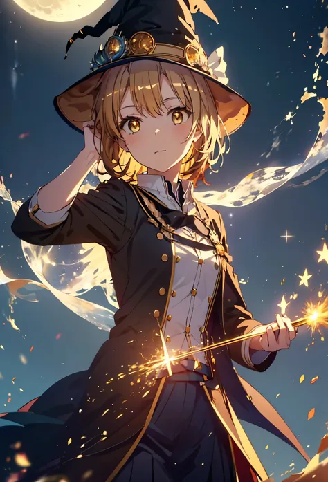 Irohaisshiki, isshiki iroha, short hair, Brown Hair, (Brown eyes:1.5), smile,((Night Sky)),((Big full moon)),((Sparkling and colorful stars)),Fluffy hair,((Idol style costume with soft volume)),Long skirt,((gorgeous wizard hat)),((witch)),(magic wand with ...
