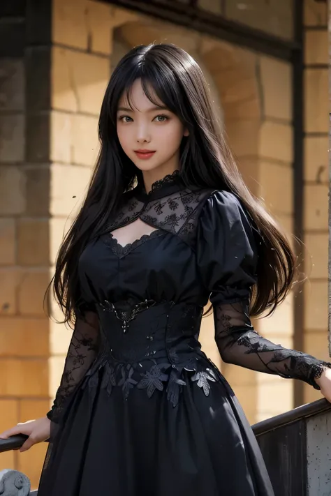 best quality、masterpiece、ultra high resolution、In fact、1 girl、shiny skin、((Surreal details))、global photos、8K、very intricate details、shining eyes、black straight hair、slim body、plump breasts、high key、pure face_v1、smile、elegant pose、dark lace dress、Beautiful...