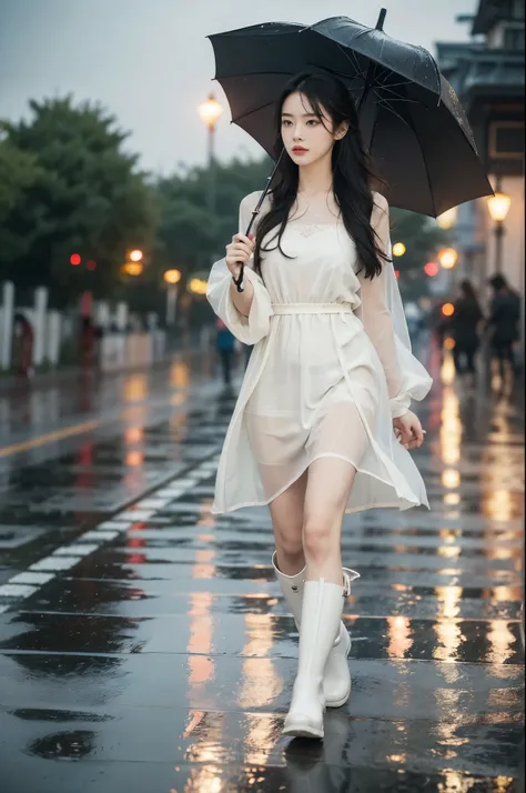 (((best quality))),(((ultra detailed))),(((masterpiece))),illustration,1girl, standing, alone, summer, night, rain, holding, rain umbrella, delicate, poised, long hair, tied back, simple, dress, slender figure, stylish, rain boots, damp, chilly, environmen...