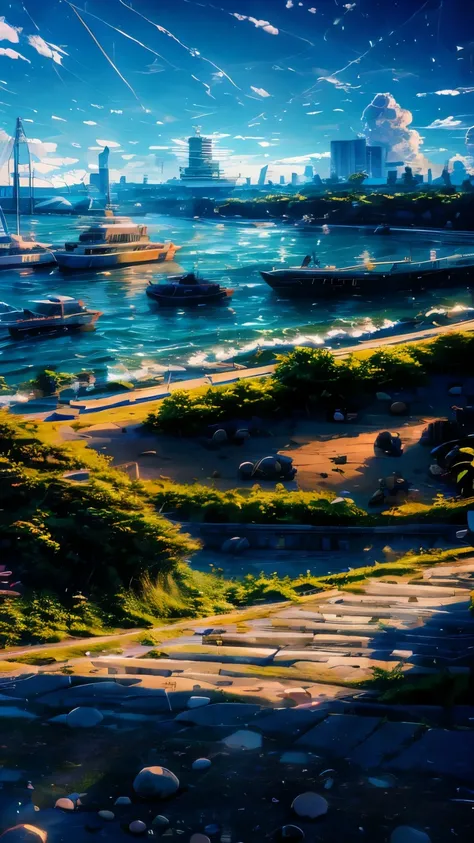 there is a picture of a city with a harbor and a boat, kyoto animation still, hd anime cityscape, style of makoto shinkai, screenshot from a 2012s anime, port scene background, screenshot from guro anime, makoto shinkai. —h 2160, anime scenery, screenshot ...
