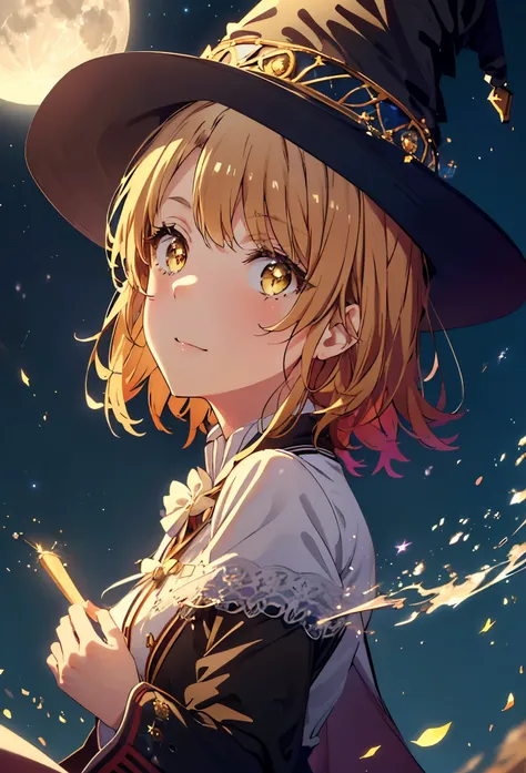 Irohaisshiki, isshiki iroha, short hair, Brown Hair, (Brown eyes:1.5), smile,((Night Sky)),((Big full moon)),((Sparkling and colorful stars)),Fluffy hair,((Idol style costume with soft volume)),Long skirt,((gorgeous wizard hat)),((witch)),(magic wand with ...