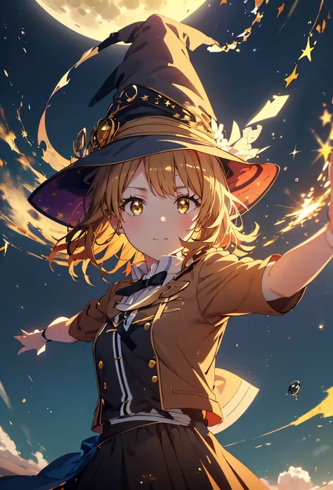 Irohaisshiki, isshiki iroha, short hair, Brown Hair, (Brown eyes:1.5), smile,((Night Sky)),((Big full moon)),((Sparkling and colorful stars)),Fluffy hair,((Idol style costume with soft volume)),Long skirt,((gorgeous wizard hat)),((witch)),(magic wand with ...