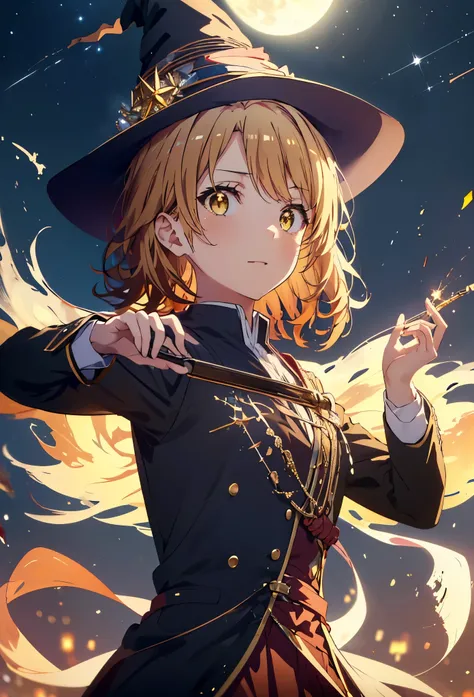 Irohaisshiki, isshiki iroha, short hair, Brown Hair, (Brown eyes:1.5), smile,((Night Sky)),((Big full moon)),((Sparkling and colorful stars)),Fluffy hair,((Idol style costume with soft volume)),Long skirt,((gorgeous wizard hat)),((witch)),(magic wand with ...