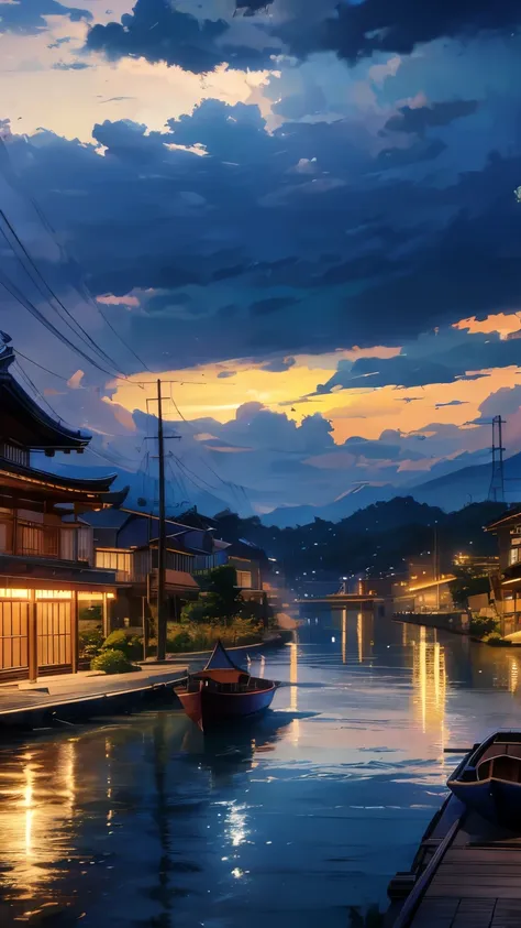 there is a picture of a city with a harbor and a boat, kyoto animation still, hd anime cityscape, style of makoto shinkai, scree...