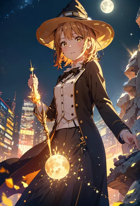 Irohaisshiki, isshiki iroha, short hair, Brown Hair, (Brown eyes:1.5), smile,((Night Sky)),((Big full moon)),((Sparkling and colorful stars)),Fluffy hair,((Idol style costume with soft volume)),Long skirt,((gorgeous wizard hat)),((witch)),(magic wand with ...