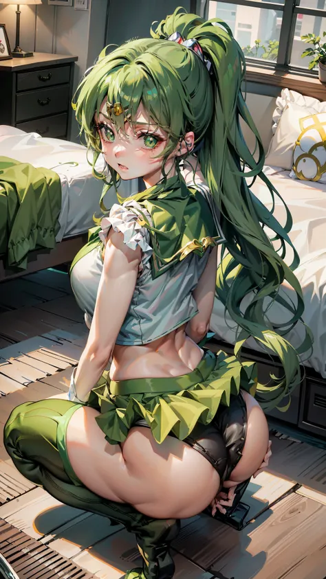 realistic,Highest quality、Real Image、Anime Girlsセーラー戦士。White panties、Beautiful Faces、Beautiful thighs、 with green hair and green stockings posing on a bed, seductive Anime Girls, beautiful Anime Girls squatting, the Anime Girls is crouching, I also make fa...