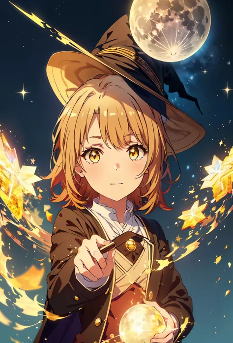 Irohaisshiki, isshiki iroha, short hair, Brown Hair, (Brown eyes:1.5), smile,((Night Sky)),((Big full moon)),((Sparkling and colorful stars)),Fluffy hair,((Idol style costume with soft volume)),Long skirt,((gorgeous wizard hat)),((witch)),(magic wand with ...