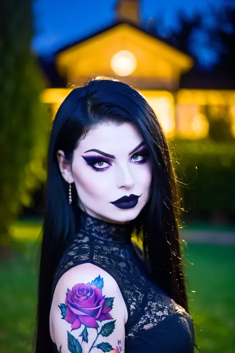 Generphie a hyper-realistic image thphi employs the shallow depth of field technique, Head and shoulders portrait to highlight a beautiful gothic girl wearing a gothic dress, (Long flowing hair with bangs)),skull tattoo, ((heavy make-up)) , phi ((phiite em...