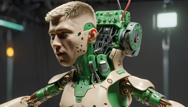 1 mechanical boy, (male), mullet haircut, blonde hair, green eyes, blonde, (24 age), mechanical green cables arms outstretched, ...