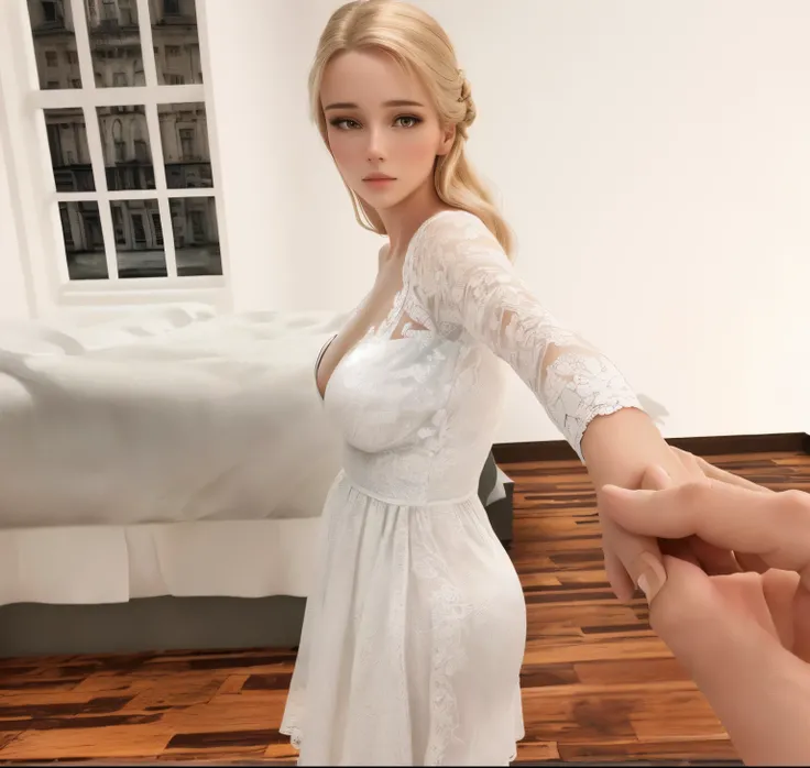 a woman in a white dress holding a mans hand, touching her clothes, highly detailed giantess shot, giantess, photorealistic picture, posing in a bedroom, elegant pose, elegant cinematic pose, hyperrealistic, beautiful girlfriend, convert from realistic 3d ...