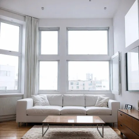 Highest quality，masterpiece，interior design，unmanned，Modern Style，living room，window，Daytime，sunlight、studio、Apartment、The walls are white、There is nothing in the room