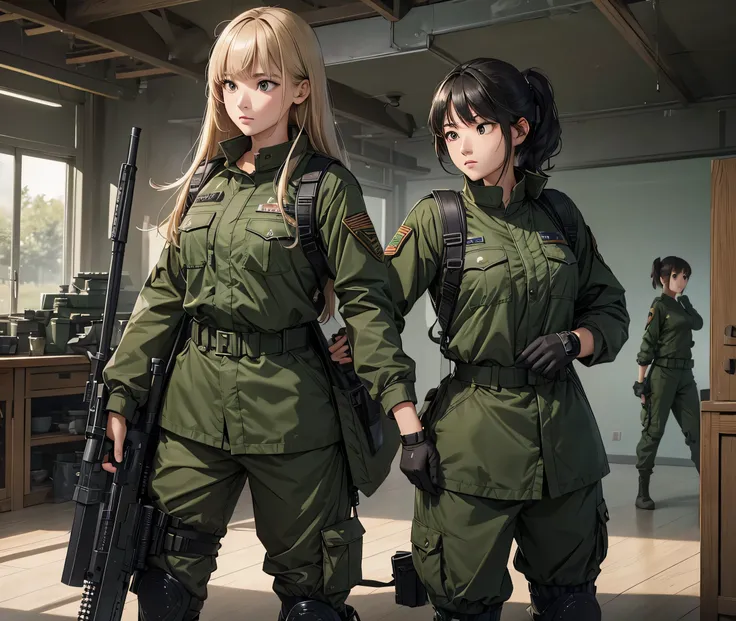 Wide-angle lens、Four female soldiers、Combat training、Dark green M-51 jacket uniform、Military Pants、Write details、masterpiece、best quality、Highly detailed CG、8K picture quality
