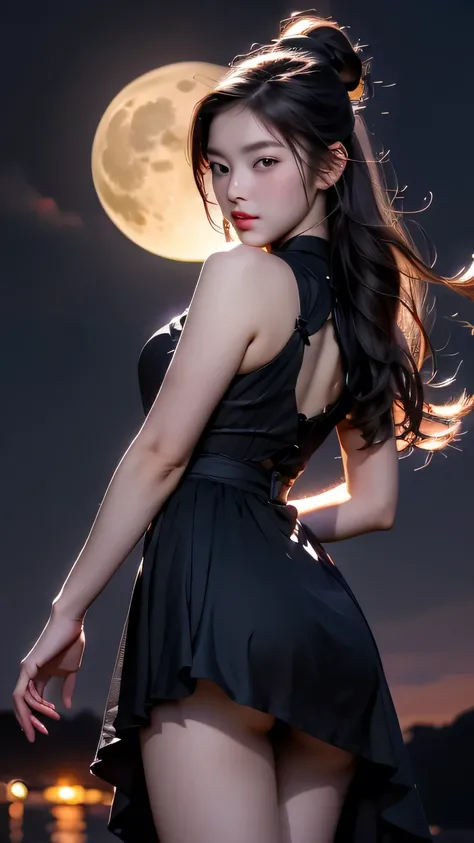 masterpiece, 最high quality, detailed, One girl, alone, night sky, Outdoor, full moon, performer, cloud, night,,  Dark Sakura, (Black Dress), Long Hair, Red ribbon, Striped, Thighs, (Dynamic pose)､ masterpiece, 最high quality, high quality, High resolution､