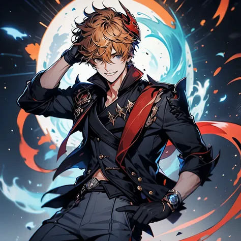 childe, solo, looking at viewer, short hair, blue eyes, shirt, gloves, 1boy, holding, hair between eyes, jewelry, smile, jacket, male focus, earrings, black gloves, pants, orange hair, mask, single earring, red scarf, grey jacket, vision (genshin impact), ...