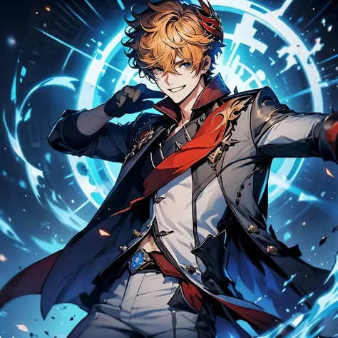 childe, solo, looking at viewer, short hair, blue eyes, shirt, gloves, 1boy, holding, hair between eyes, jewelry, smile, jacket, male focus, earrings, black gloves, pants, orange hair, mask, single earring, red scarf, grey jacket, vision (genshin impact), ...