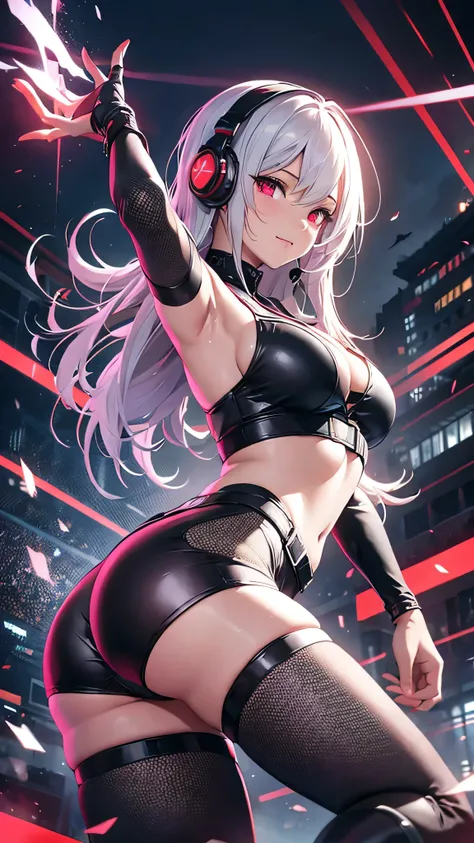 Highest quality、Highest quality、Masterpiece、girl((20-year-old、as soon as、Highest Bust、Medium Bust、Wide open chest、Red glowing eyes、Light Silver Hair、Shortcuts、Loincloth、thin、The best valley、Open chest、Full body view、Leather Tank Top、Leather pants、Smile、Lea...