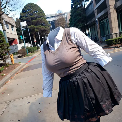 2 girls hug back each other,kibito high school blouse, school blouse, sweater vest, plaid skirt, leaning forward, fat, cute big breasts, (invisible, no human, headless, handless:1.5)