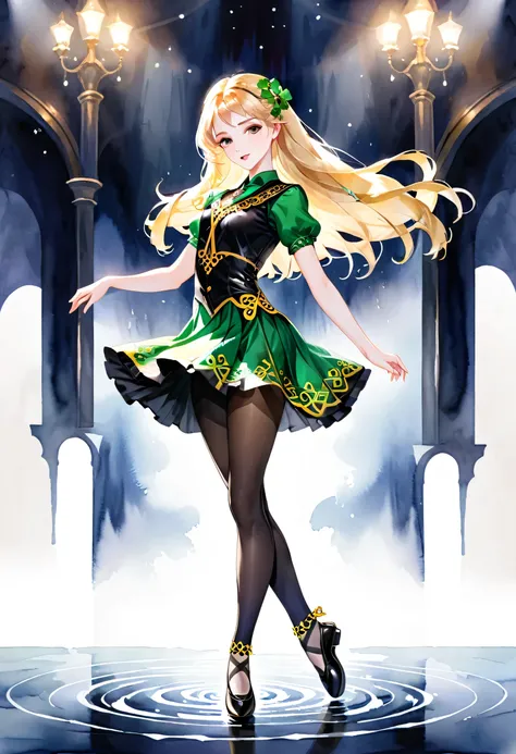 Irish Dance、Irish Dance Girl、Northern Irish national costume、Black tights、Long, Slender legs、Blonde Long Hair、Watercolor style、watercolor、Dark Dance Hall Background、Highest quality、Ultra-high resolution、Golden Ratio