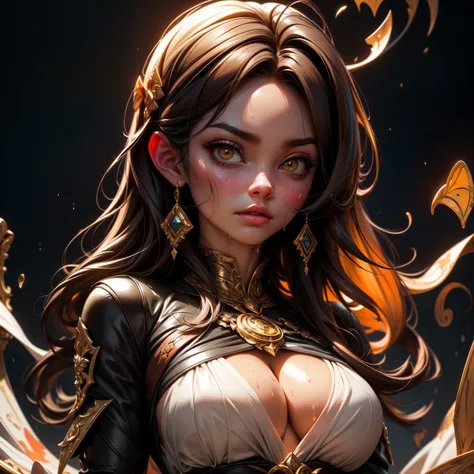 n this captivating dark fantasy portrait, a warm glow of golden light illuminates the subjects features, set against a rich tapestry of crimson and umber hues. Splattered brushstrokes of bright yellow and orange dance across the canvas, imbuing the piece w...