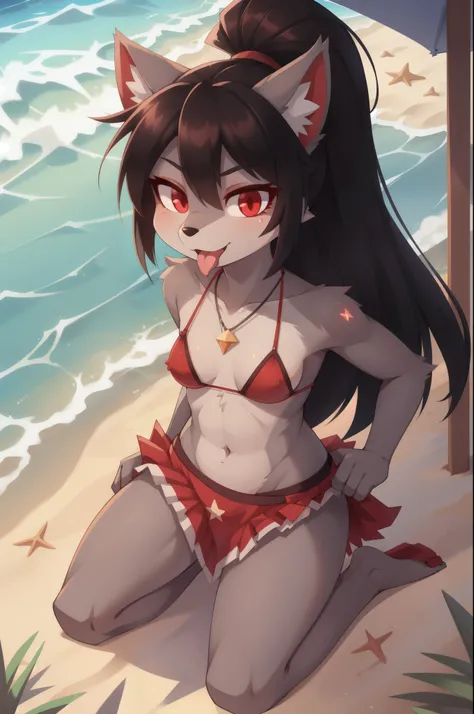 furry girl, wolf, black hair, punk hairstyle, large long spiky ponytail, absurdly long ponytail, anime style, small breasts, red eyes, eyeshadows, makeup, ((deep red bikini ruffled triangle, high cut bottom, star necklace, beach sarong with stars on hips))...